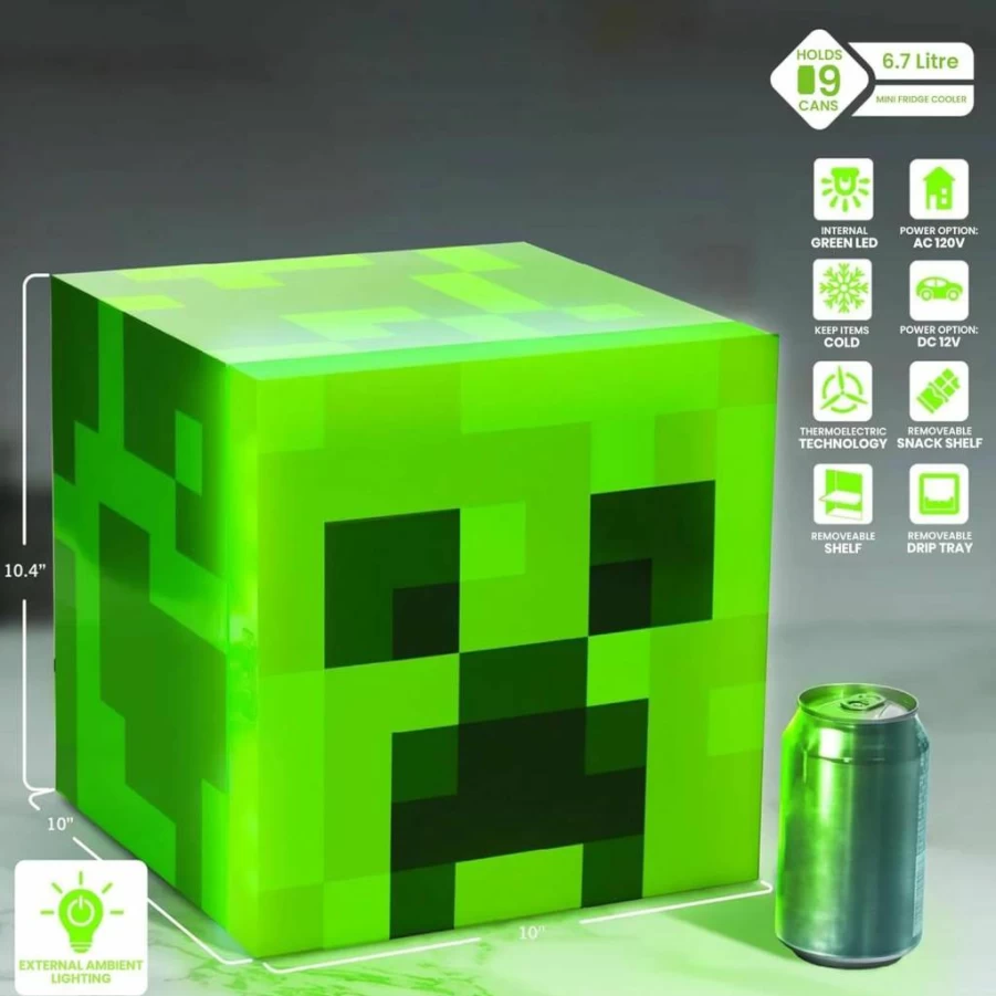 Ukonic Minecraft Creeper Mini Fridge 6.7L Green Cooler for Bedroom, Office, Gaming Room - Portable 10.4 x 10 x 10 Inches