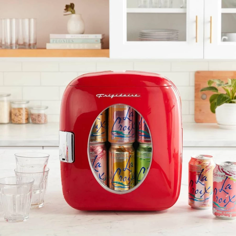Frigidaire Pink Retro Mini Fridge - 9L Portable Cooler for Car, Office, Dorm, Holds 12 Cans, Home & 12V Car Charger, Compact 10"D x 7"W x 10.5"H
