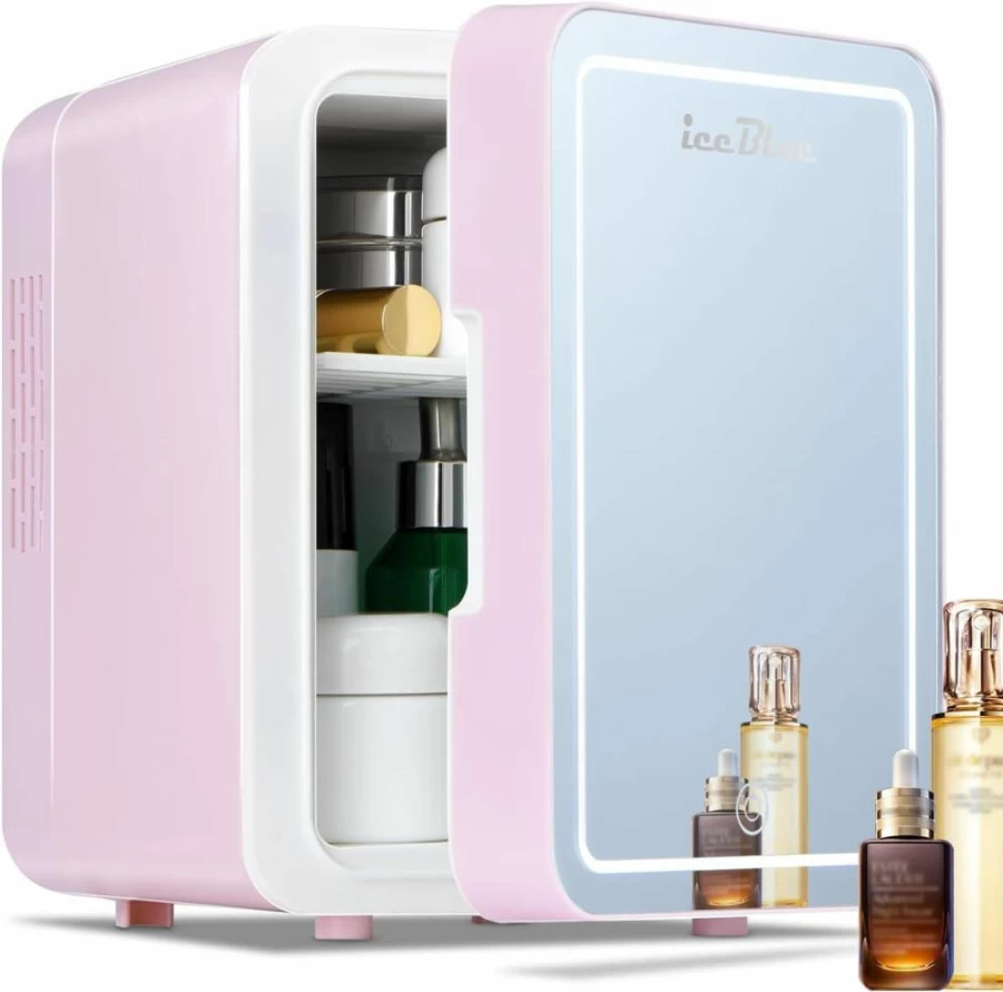 Iceblue 4L Mini Skincare Fridge with LED Mirror - Portable Cooler for Bedroom, Office, Dorm & Car, Pink Giftable Beauty Fridge