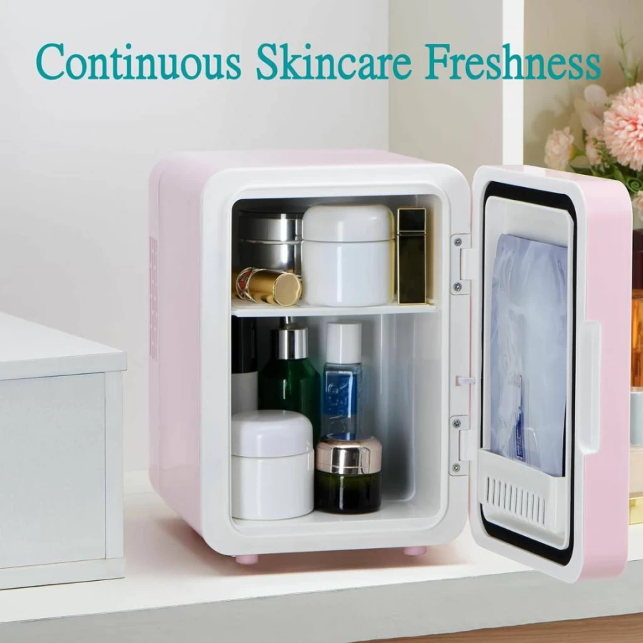 Iceblue 4L Mini Skincare Fridge with LED Mirror - Portable Cooler for Bedroom, Office, Dorm & Car, Pink Giftable Beauty Fridge