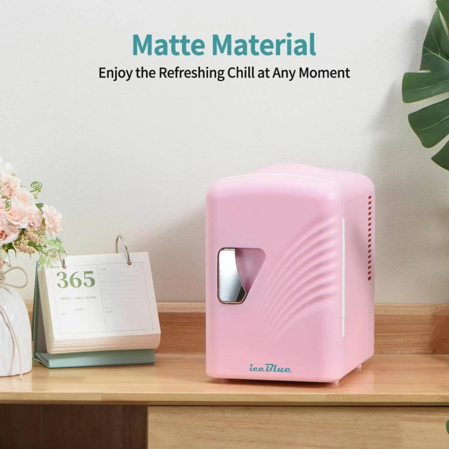 Iceblue 4L/6Can Mini Fridge with AC Plug & 12V Car Charger, Portable Compact Cooler for Bedroom, Office, Dorm, Car - Pink Gift Idea