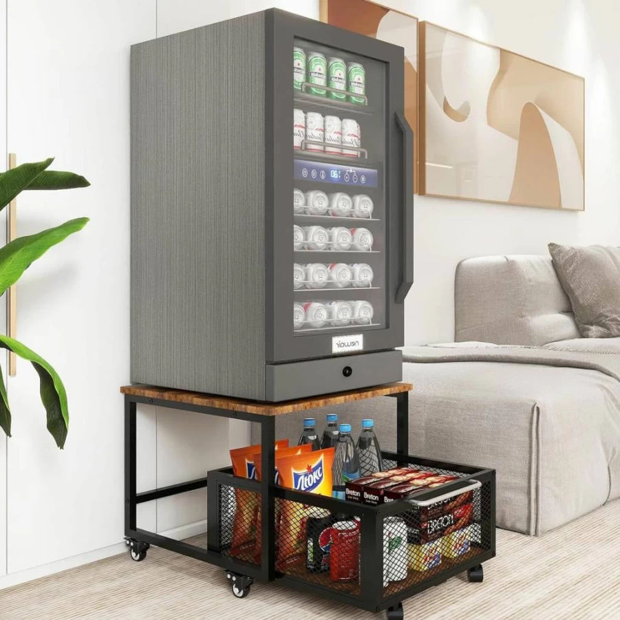 PUNCIA 19.7x19.7 Inch Mobile Fridge Stand with Storage Drawer & Basket, Compact Refrigerator Organizer Cart for Coffee Bar, Dorm, Home, Office