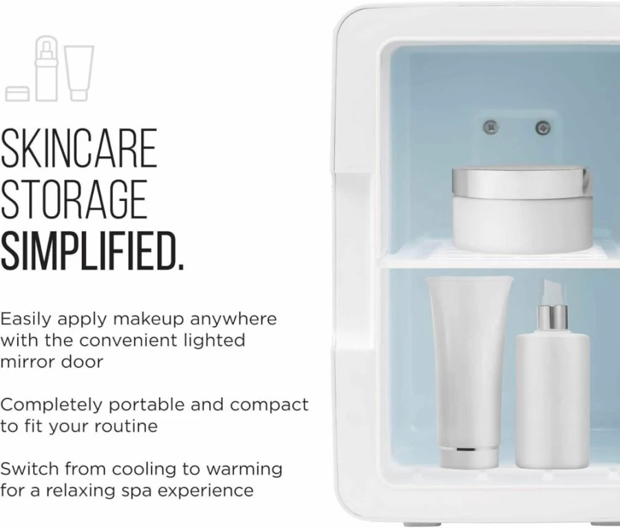 Chefman 6L Portable Mini Beauty Fridge with LED Lighting - Cool & Heat for Skincare, Makeup, Cosmetics, Face Masks - Desktop & Travel White Mirror Fridge