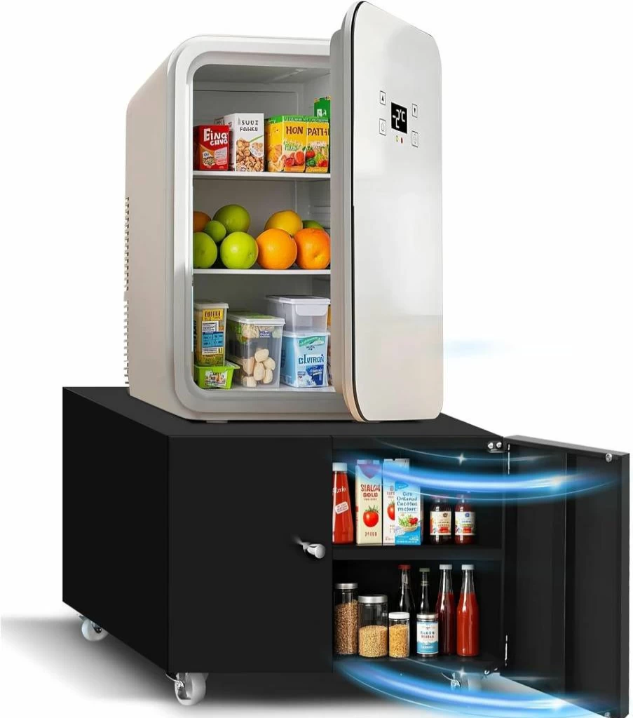 QIRANUI Heavy Duty Mini Fridge Stand with Adjustable Shelf, Storage Cabinet & Wheels - Compact Microwave Table for Small Spaces, Home Kitchen Appliance Organizer
