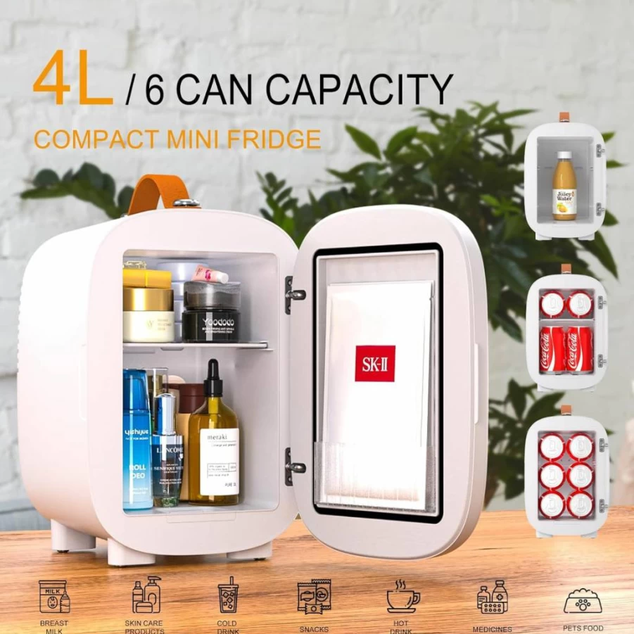 Hansburg 4L Mini Fridge with Mirror - Portable Skincare Cooler & Warmer for Bedroom, 12V/AC/DC/USB Power, 6-Can Compact Refrigerator for Food, Drinks, Makeup - Dorm, Office & Car Travel Essentials