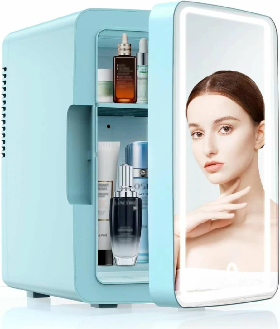 PERSONAL CHILLER 6.2L Mini Skincare Fridge with LED Mirror - Portable Cooler & Warmer for Makeup, Cosmetics, Snacks, Bedroom, Vanity (Blue)