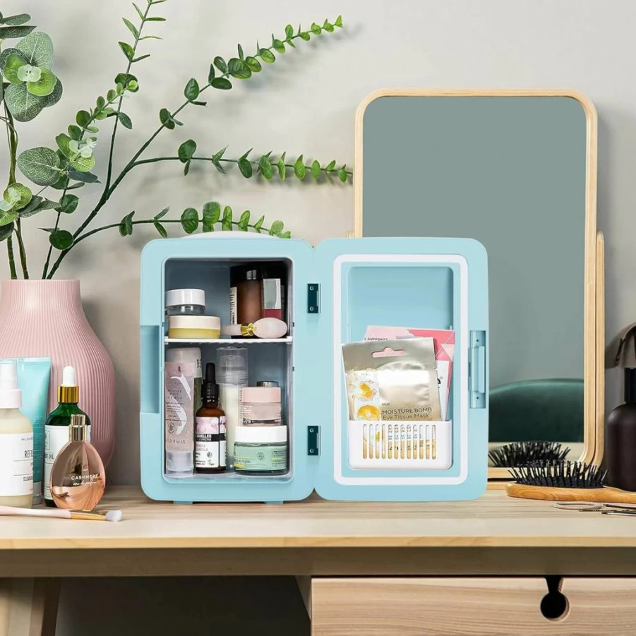 PERSONAL CHILLER 6.2L Mini Skincare Fridge with LED Mirror - Portable Cooler & Warmer for Makeup, Cosmetics, Snacks, Bedroom, Vanity (Blue)