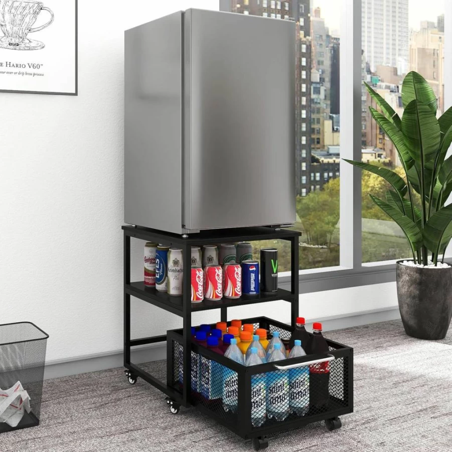 PUNCIA 19.7x19.7 Inch Mini Fridge Stand with Wheels, Adjustable Shelf, and Storage for Home, Office, Dorm, or Apartment - Heavy Duty Beverage Refrigerator Cart for Coffee Bar