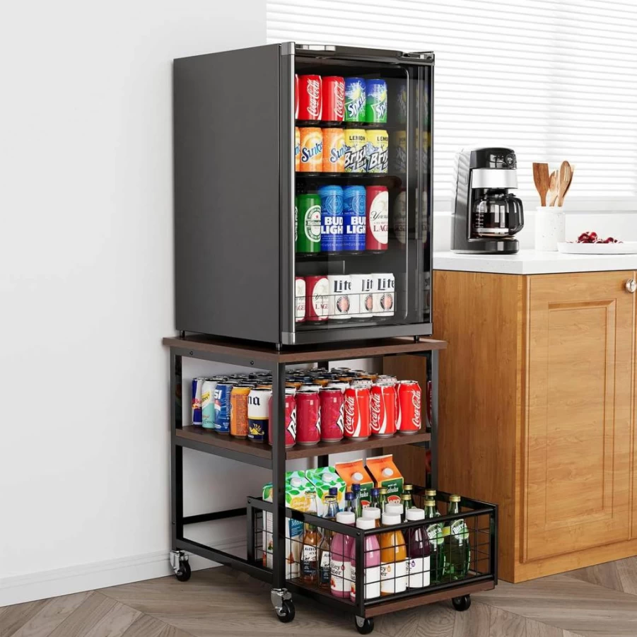 SpaceAid 3-Tier Rolling Mini Fridge Stand with Storage Drawer & Wheels, 19.7x19.7 Inch Heavy Duty Mobile Refrigerator Cart for Home, Dorm, Office - Black Organizer Shelf