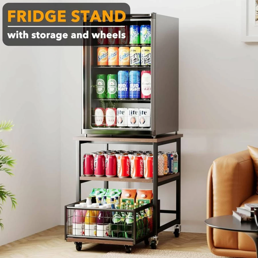 SpaceAid 3-Tier Rolling Mini Fridge Stand with Storage Drawer & Wheels, 19.7x19.7 Inch Heavy Duty Mobile Refrigerator Cart for Home, Dorm, Office - Black Organizer Shelf