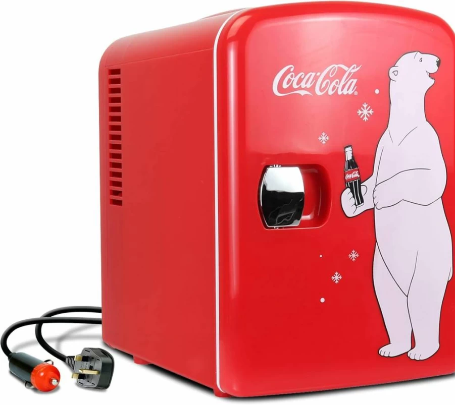 Coca-Cola 12V Portable 4L Mini Cooler and Warmer with AC/DC Power, Compact Travel Fridge with Built-in Speaker, Ideal Gift for Music Lovers