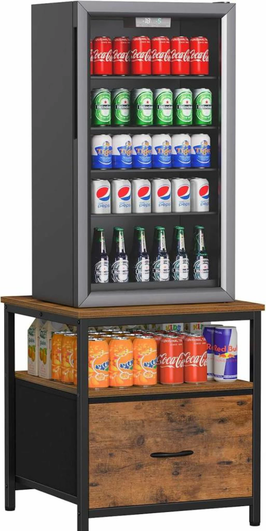Snughome Rustic Brown Mini Fridge Stand with Storage Cabinet - Heavy Duty 220 lbs Capacity Tabletop Organizer for Dorm, Apartment, Coffee Bar - 21.7"L x 21.7"W Compact Refrigerator Base