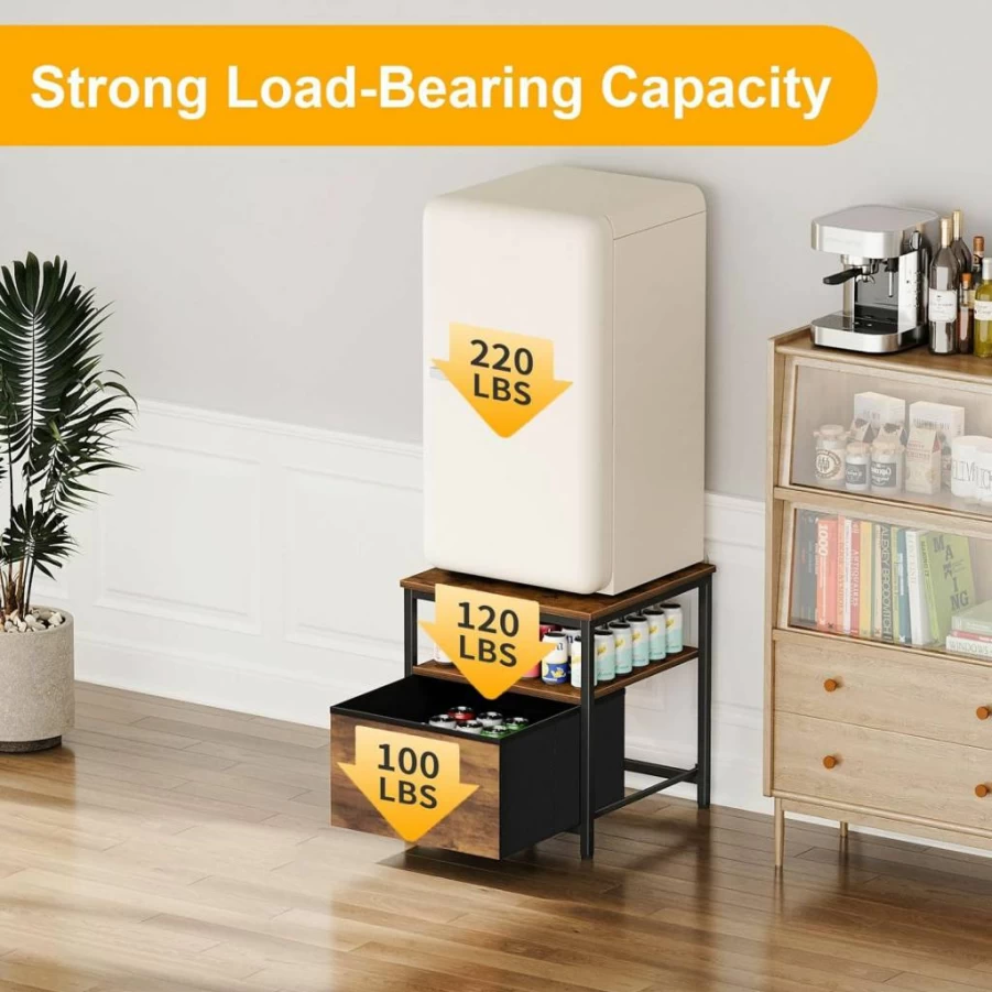 Snughome Rustic Brown Mini Fridge Stand with Storage Cabinet - Heavy Duty 220 lbs Capacity Tabletop Organizer for Dorm, Apartment, Coffee Bar - 21.7"L x 21.7"W Compact Refrigerator Base