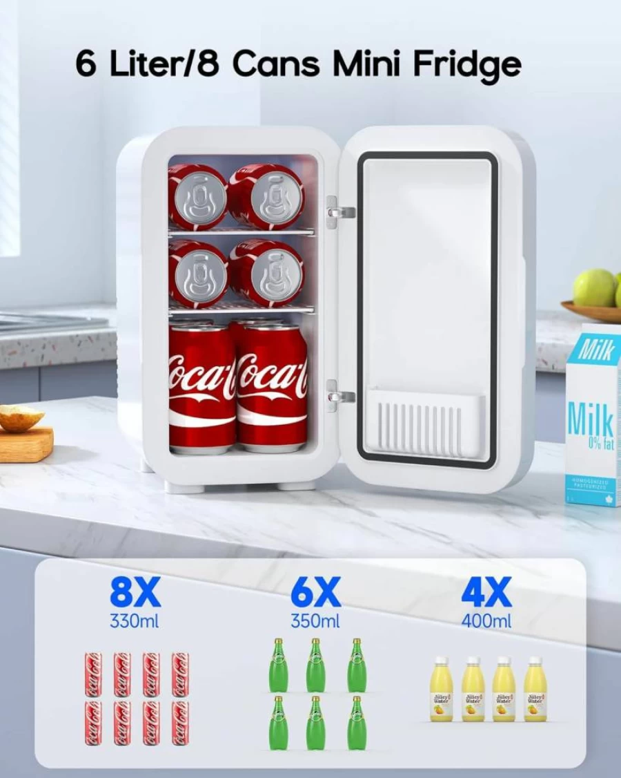 BEICHEN 6L Mini Fridge - Portable Thermoelectric Cooler & Warmer for Bedroom, Office, Car, Dorm - 110V AC/DC Compact Cooler for Skincare, Food, Drinks, White
