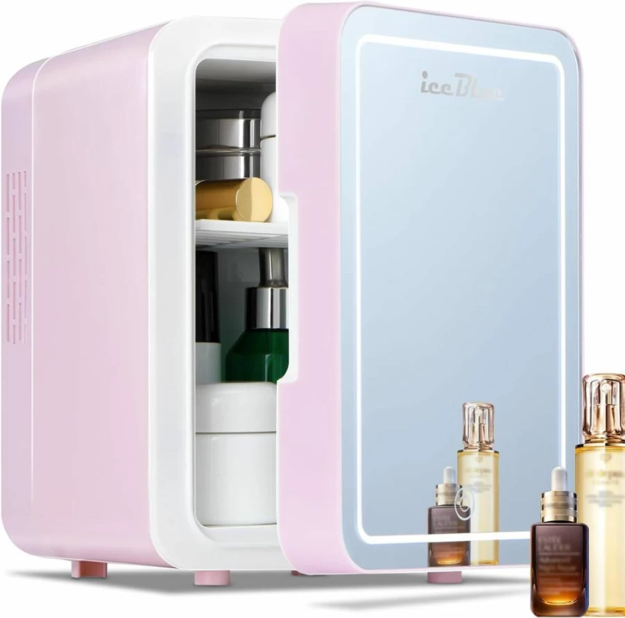 Iceblue Mini Skincare Fridge - 4L Thermoelectric Beauty Cooler with LED Mirror, AC/DC Power, Baby Pink for Cosmetics Storage