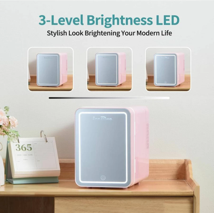 Iceblue Mini Skincare Fridge - 4L Thermoelectric Beauty Cooler with LED Mirror, AC/DC Power, Baby Pink for Cosmetics Storage