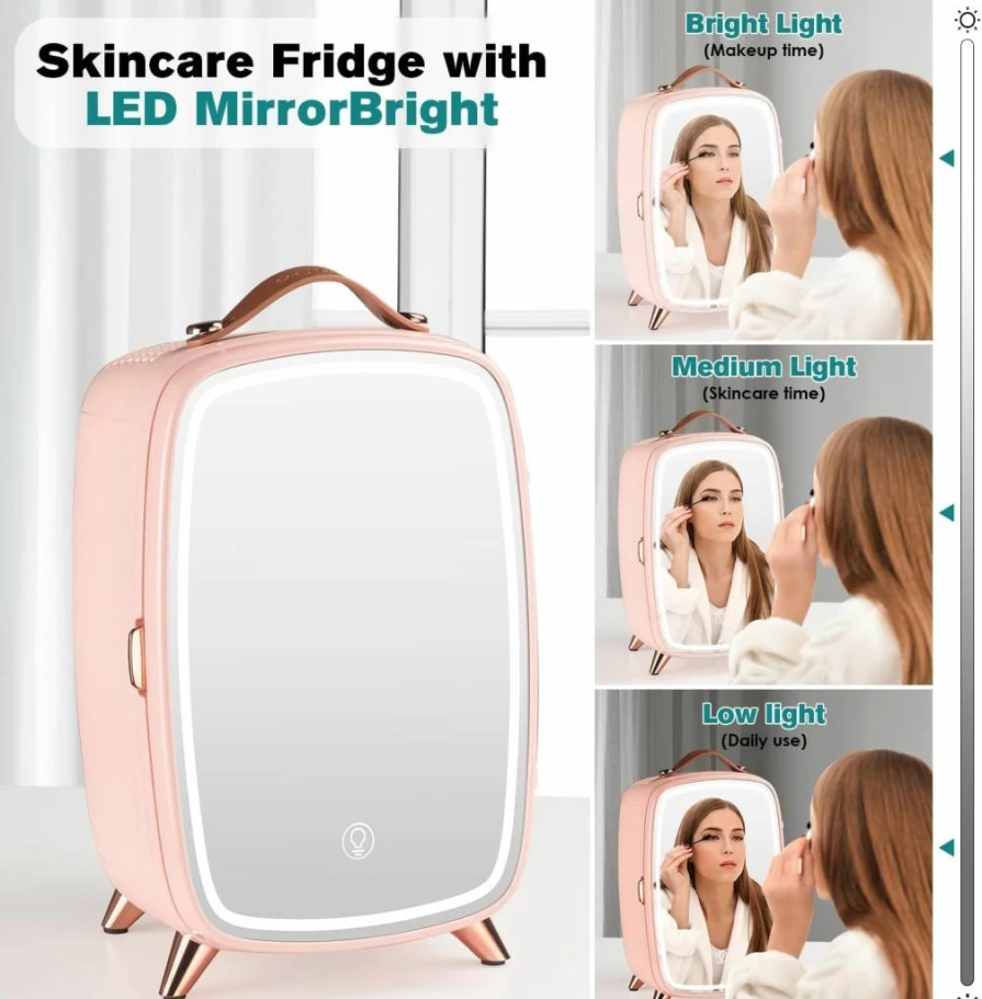 JSTPRO 6L Skincare Fridge with Dimmable LED Mirror - Portable Mini Makeup Cooler for Cosmetics, Bedroom, Office, Car & Dorm
