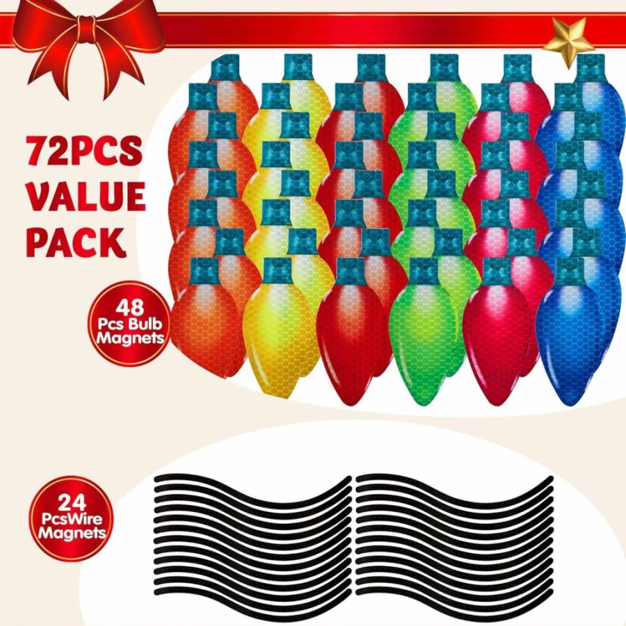 JOYIN 72-Piece Christmas Car and Refrigerator Decorations Set with 48 Reflective Light Bulbs and 24 Magnetic Wires in 6 Colors for Holiday Ornaments