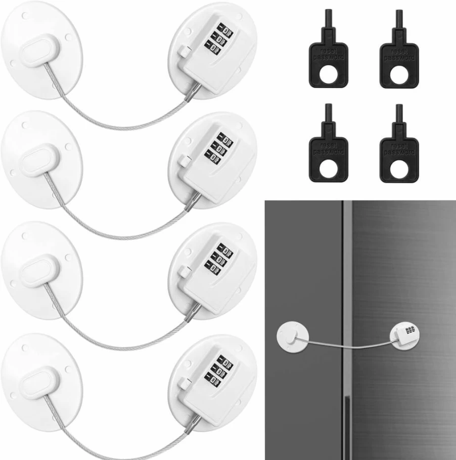 Anglecai 4Pcs Combination Refrigerator Locks - No Drill Digital Password Fridge Lock for Freezer & Refrigerator Doors, Child Safety White Lock Set
