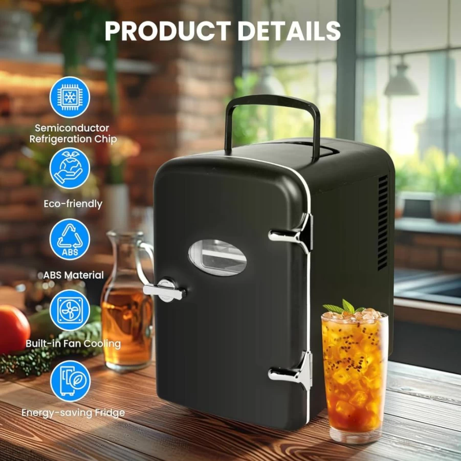 Simple Deluxe 4L Portable Mini Fridge - Cooler & Warmer for 6 Cans, Freon-Free Eco-Friendly Compact Refrigerator, Black