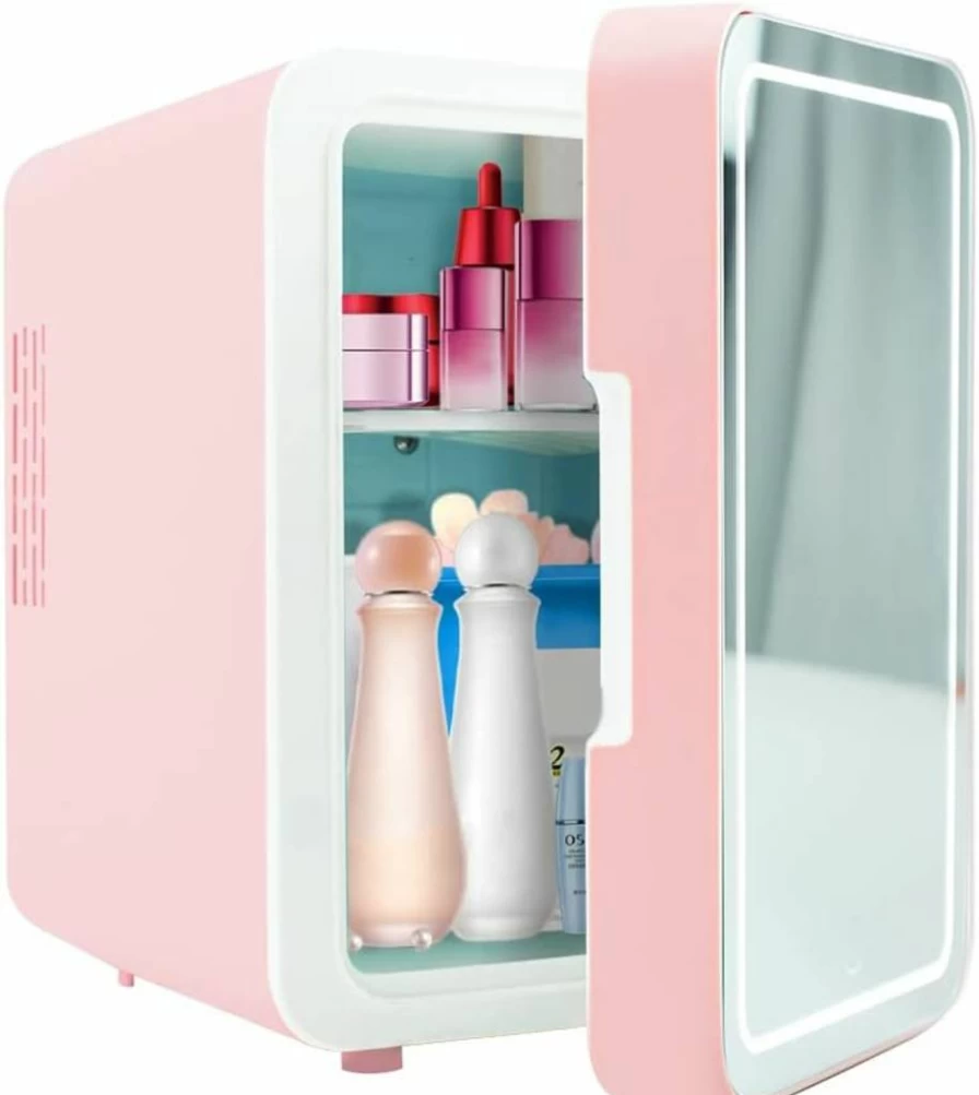 Vanso 4L Mini Portable Fridge - Cooler & Warmer for Skincare, Makeup, Snacks, Bedroom, Vanity with LED Glass Surface, Pink Compact Refrigerator