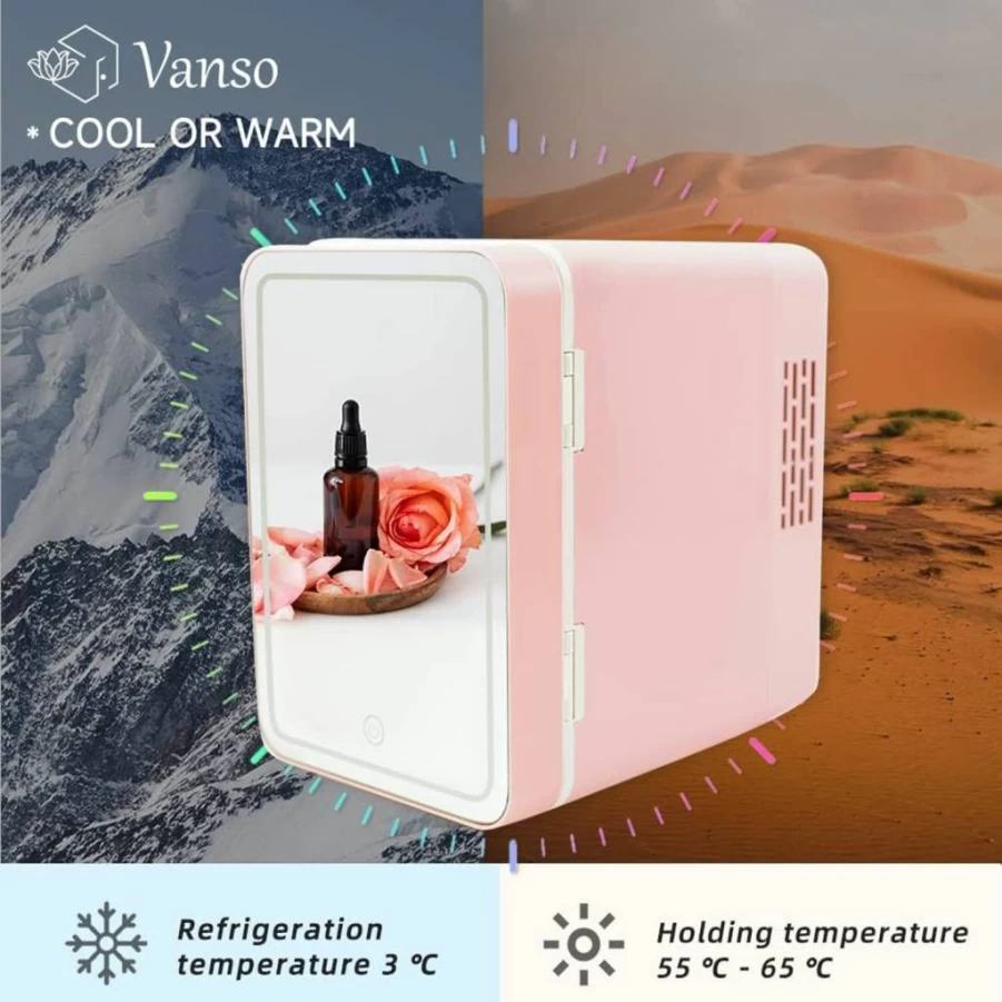 Vanso 4L Mini Portable Fridge - Cooler & Warmer for Skincare, Makeup, Snacks, Bedroom, Vanity with LED Glass Surface, Pink Compact Refrigerator
