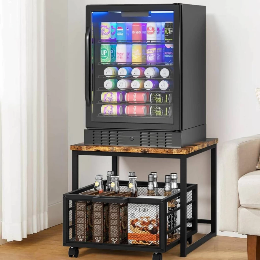 Enkrio 19.7x19.7 Inch Mini Fridge Stand with Storage Drawer, Beverage Refrigerator Table Shelf for Wine Drinks, Compact Organization Cabinet for Bedroom, Office, Dorm, Apartment - Black