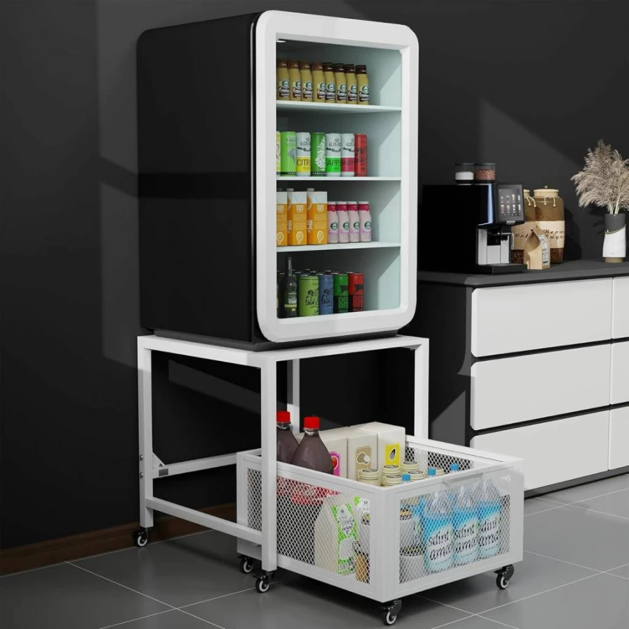 Eastrexon Mini Fridge Stand with Storage Basket & Handrail - 21.7" x 21.7" x 25.2", 8 Swivel Wheels, 88Lbs Capacity, for Home, Office, Dorm - White