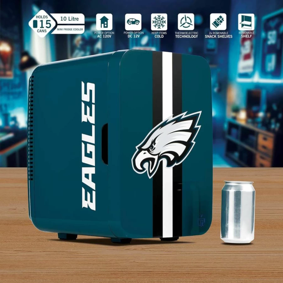 Ukonic NFL Philadelphia Eagles 10L Portable Mini Fridge - 15-Can AC/DC Cooler with Official Team Logo for Tailgating, Home, Office & Car