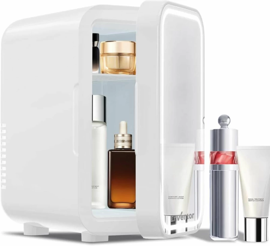 Enventor Mini Skincare Fridge with Dimmable LED Mirror - 6L Compact Cooler & Warmer for Bedroom, Office, Car - AC/DC Portable Cosmetic Refrigerator (White)