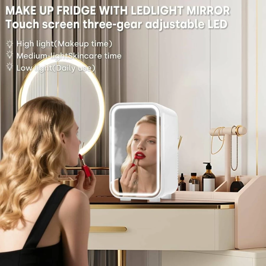 Enventor Mini Skincare Fridge with Dimmable LED Mirror - 6L Compact Cooler & Warmer for Bedroom, Office, Car - AC/DC Portable Cosmetic Refrigerator (White)