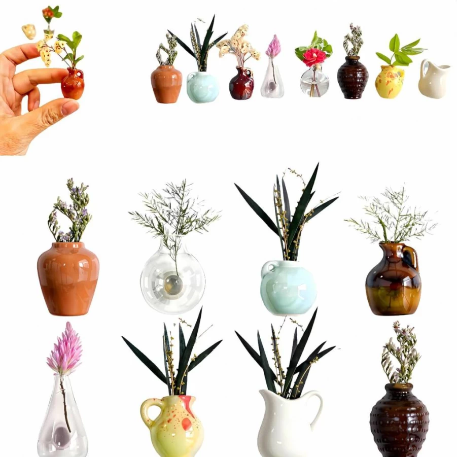 3D Mini Ceramic Fridge Magnets Set - Cute Flower Holder for Refrigerator, Kitchen, Office - Strong Magnetic Plant Decorations Gift for Plant Lovers