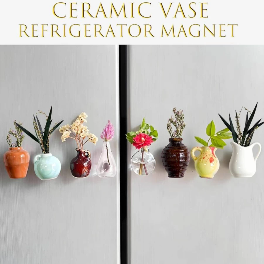 3D Mini Ceramic Fridge Magnets Set - Cute Flower Holder for Refrigerator, Kitchen, Office - Strong Magnetic Plant Decorations Gift for Plant Lovers