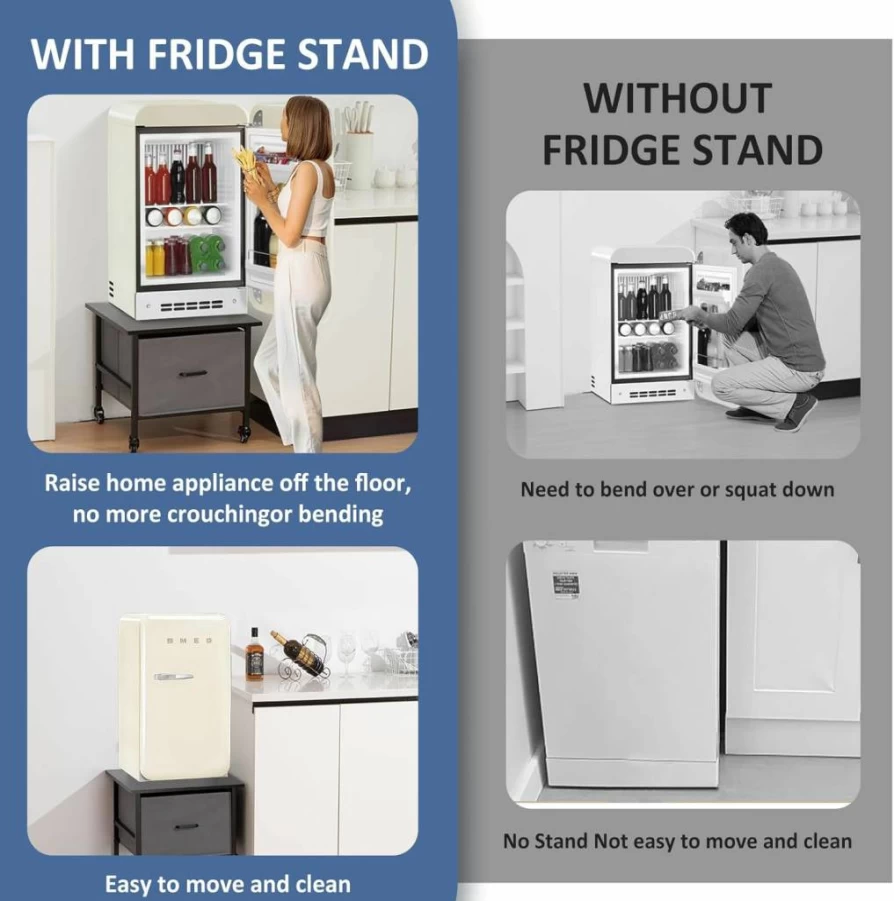 Bososhrim Mini Fridge Stand with Storage Drawer - Heavy Duty 180 Lbs Capacity, Mobile Cart with 4 Swivel Wheels for Dorm, Office, Bedroom & Apartment