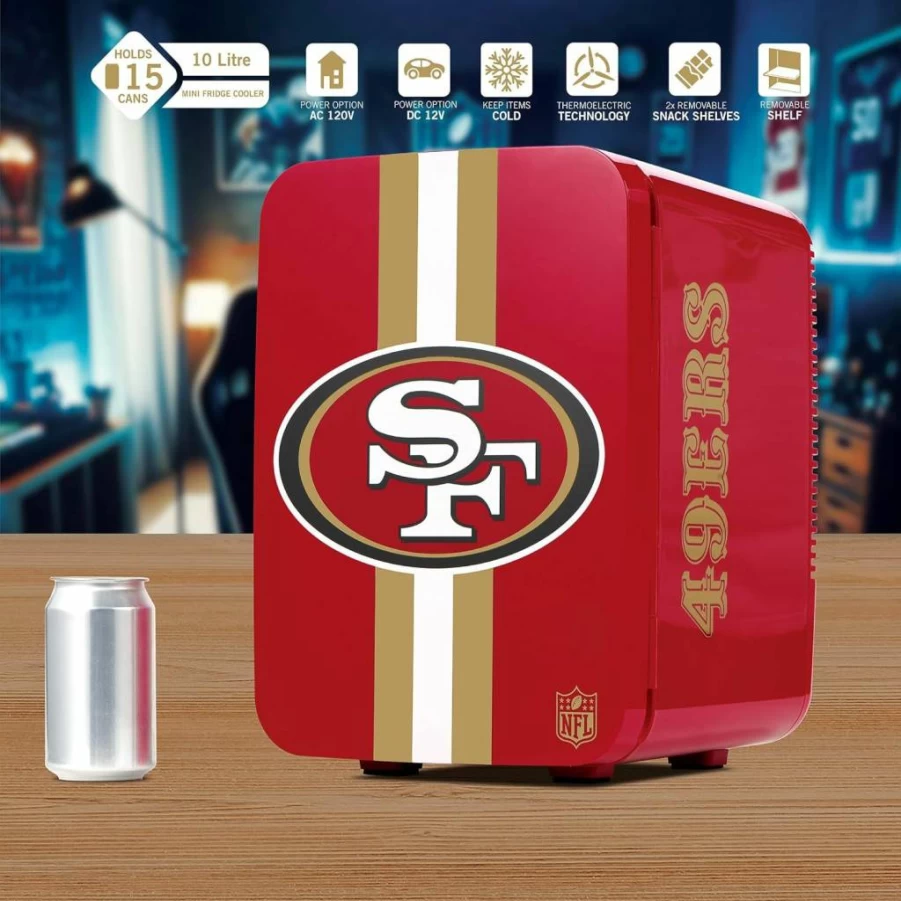 Ukonic NFL San Francisco 49ers 10L Portable Mini Fridge - AC/DC Powered Cooler with Official Team Logo for Home, Office, Car & Tailgates