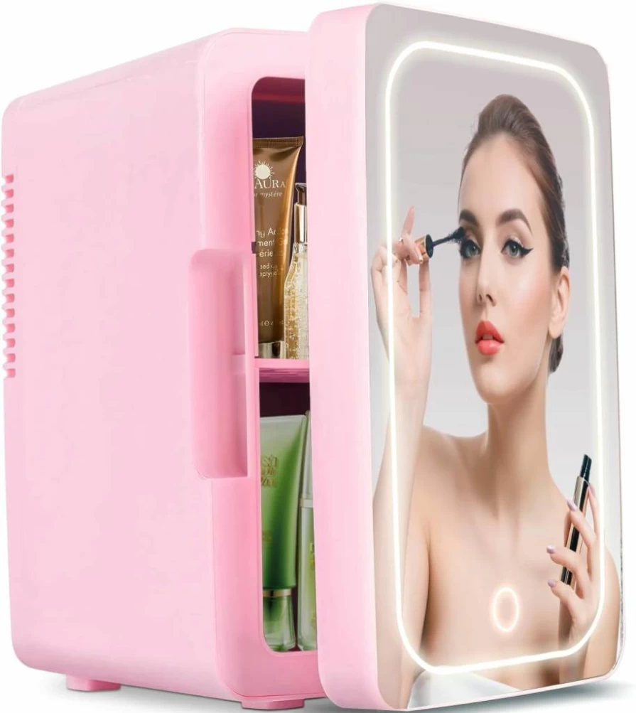 Wdemna 6L Skincare Fridge with LED Mirror - Portable Mini Cooler & Warmer for Cosmetics, Drinks, Office, Car, Bedroom (110V AC/12V DC, Pink)