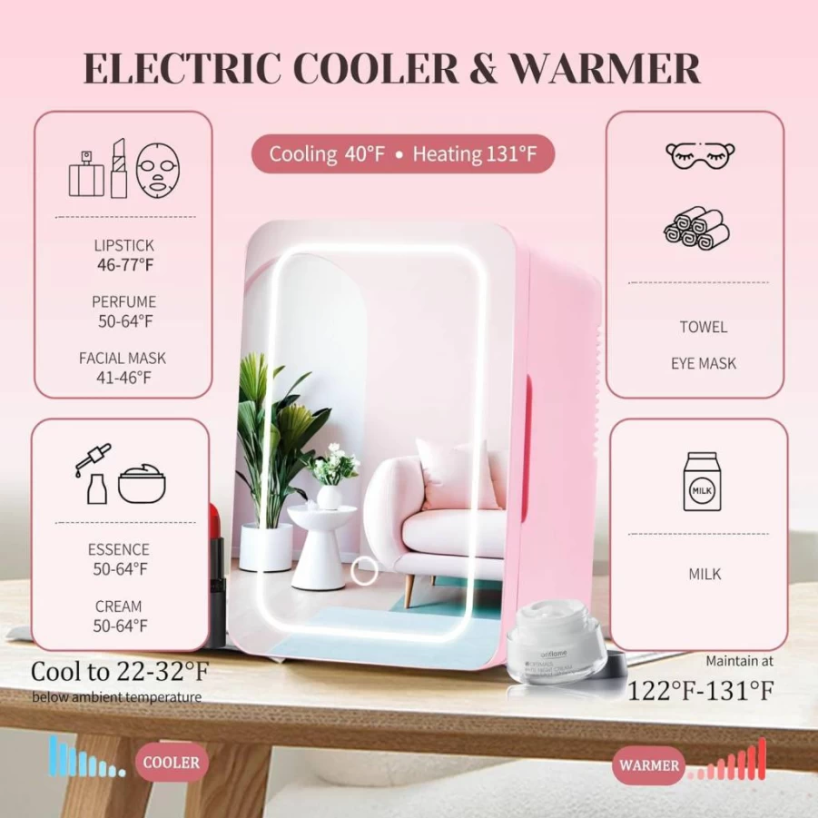 Wdemna 6L Skincare Fridge with LED Mirror - Portable Mini Cooler & Warmer for Cosmetics, Drinks, Office, Car, Bedroom (110V AC/12V DC, Pink)