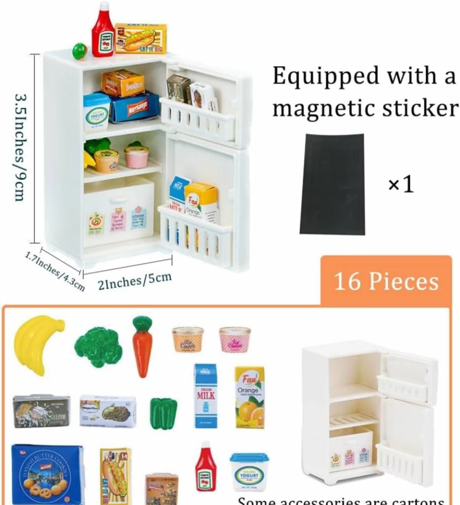OULIGET Miniature Refrigerator Fridge Magnets - 16PCS Cute Mini Fridge Magnets for Dollhouse, Kitchen Decor, Party Play, Unique Novelty Mini Furniture Set
