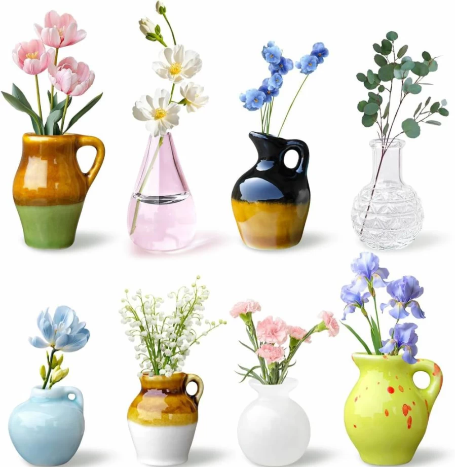 8 Pcs Uzriyl Mini Ceramic Vase Magnets - 3D Flower Fridge Magnets, Tiny Plant Decor for Kitchen, Office, Refrigerator Accessories