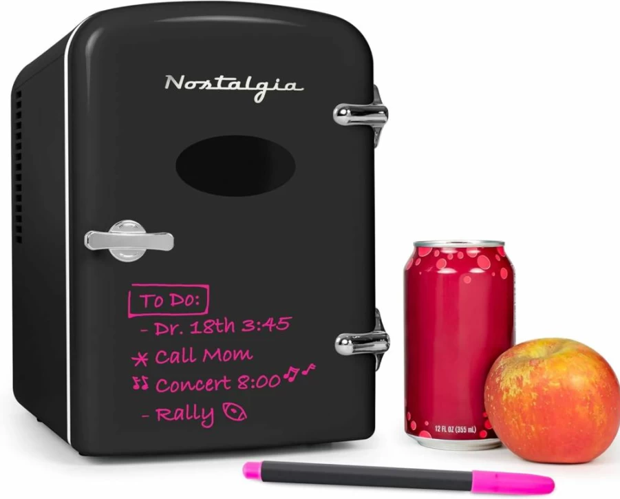 Nostalgia Retro 6-Can Mini Fridge - Portable Cooling & Heating for Home, Office, Car, Dorm - Black with Eraser Board Door & Carry Handle