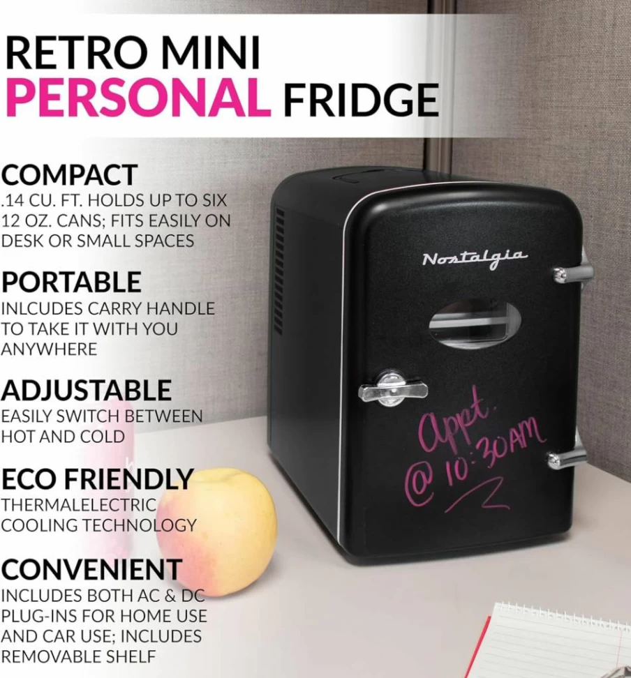 Nostalgia Retro 6-Can Mini Fridge - Portable Cooling & Heating for Home, Office, Car, Dorm - Black with Eraser Board Door & Carry Handle