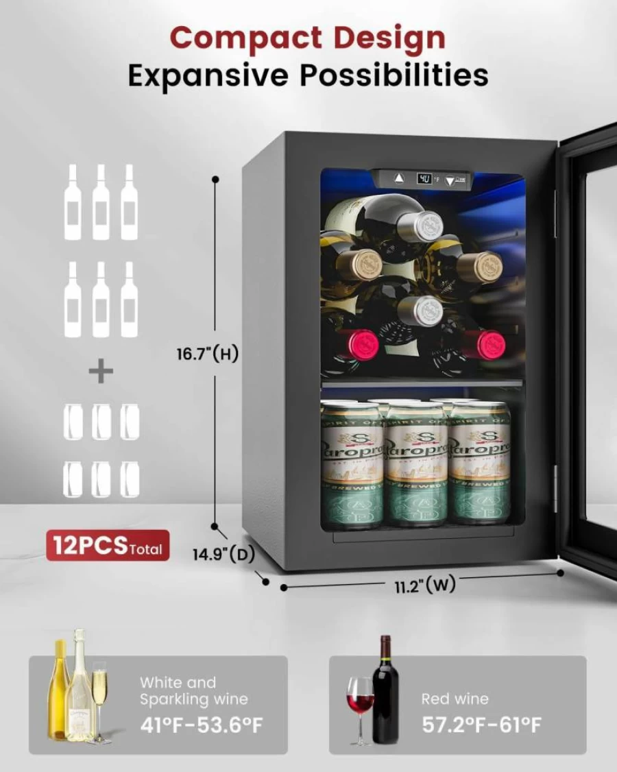 Feelfunn 4.5 Cu.Ft Black Wine Cooler Refrigerator - 45 Bottle Capacity, Glass Door Mini Fridge for Wine, Beer, and Beverages, Ideal for Home, Office, or Bar
