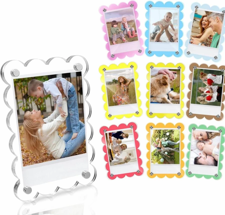 10 Pack NEUREGY 2.36 x 3.54 Inch Scalloped Acrylic Fridge Magnetic Photo Frames, Double Sided Polaroid Picture Frames for Fujifilm Instax Mini, Refrigerator Magnet Frames for Photos
