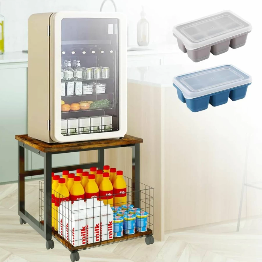 Nalwort Mini Fridge Stand with Wheels - Rolling Beverage Cart with Storage Basket, Heavy Duty Mobile Refrigerator Table for Home, Office, Dorm - Includes 2 Ice Cube Trays, Black