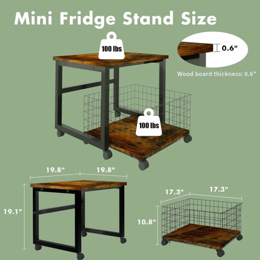 Nalwort Mini Fridge Stand with Wheels - Rolling Beverage Cart with Storage Basket, Heavy Duty Mobile Refrigerator Table for Home, Office, Dorm - Includes 2 Ice Cube Trays, Black