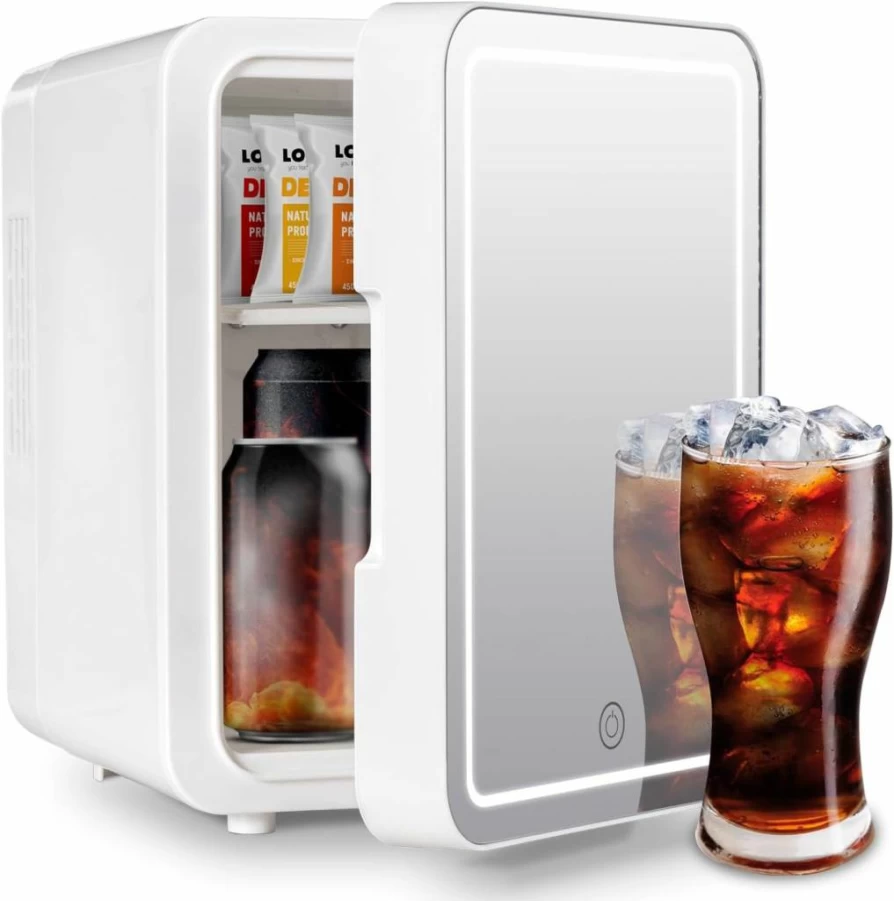 YERGOFE Mini Fridge 4L Portable Compact Refrigerator with Mirror Door, 3-Level Adjustable LED Light, Personal Cooler for Cosmetics, Bedroom, Office - Off-White