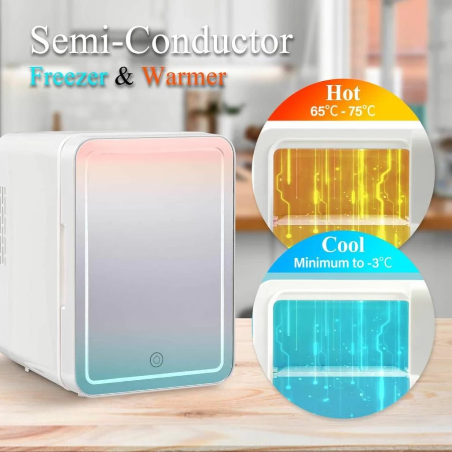 YERGOFE Mini Fridge 4L Portable Compact Refrigerator with Mirror Door, 3-Level Adjustable LED Light, Personal Cooler for Cosmetics, Bedroom, Office - Off-White