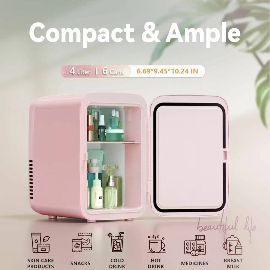 EUHOMY 4L Portable Mini Fridge - AC/DC Cooler & Warmer for Skincare, Cosmetics, Beverages in Home, Car, Office - Pink Compact Refrigerator