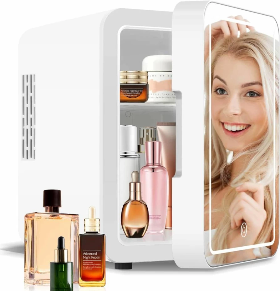 NISHCON 4L Portable Skincare Fridge with Mirror & LED Light - Mini Cosmetic Cooler and Warmer for Makeup, White