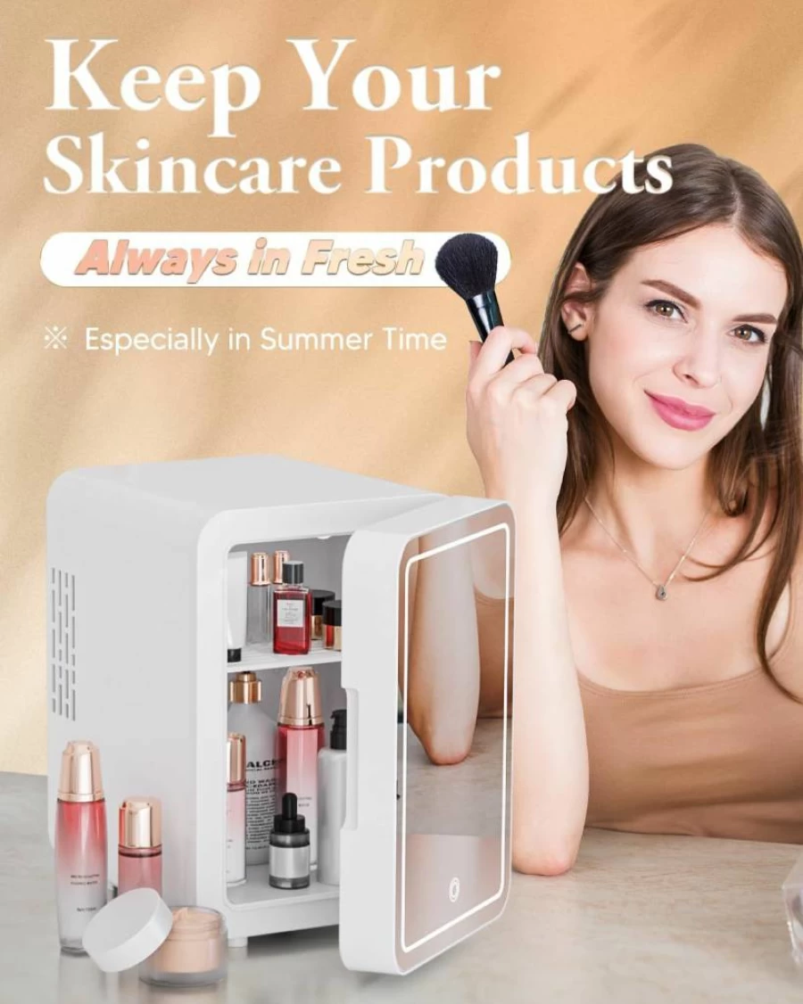NISHCON 4L Portable Skincare Fridge with Mirror & LED Light - Mini Cosmetic Cooler and Warmer for Makeup, White